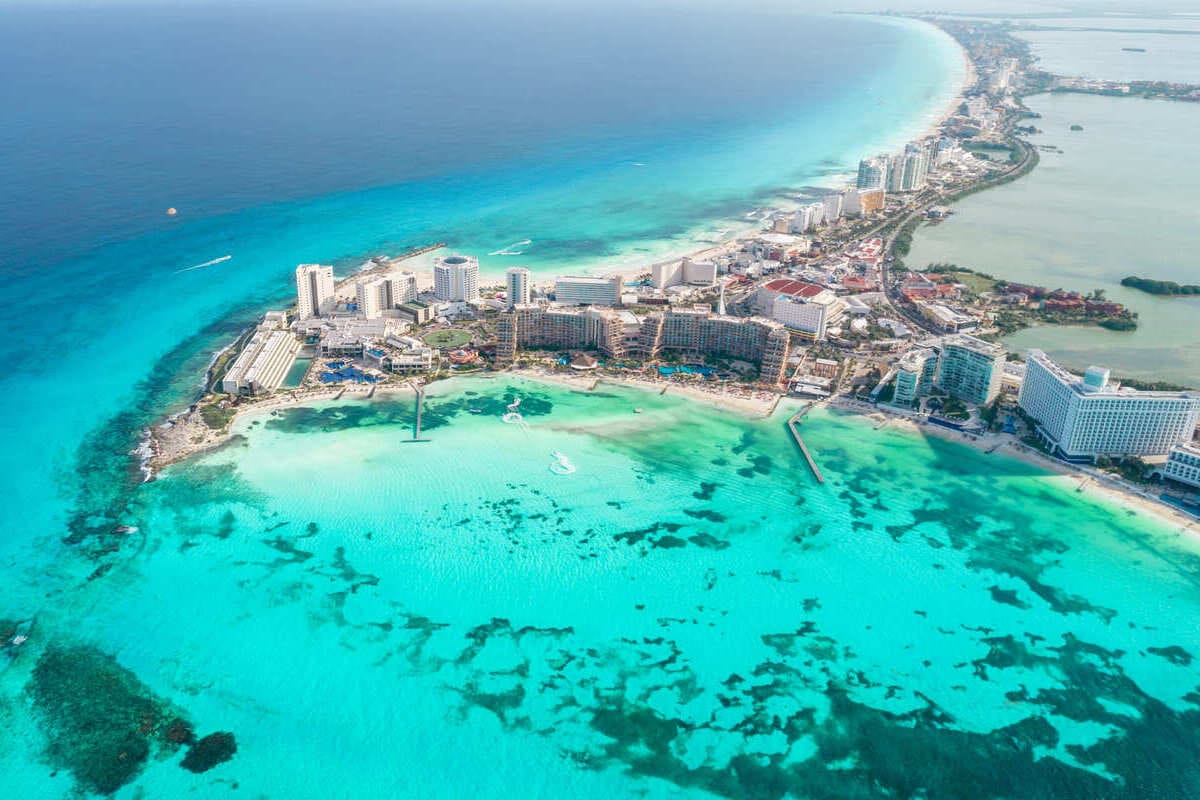 Aerial View Of Cancun Hotel Zone, Quintana Roo, Mexico